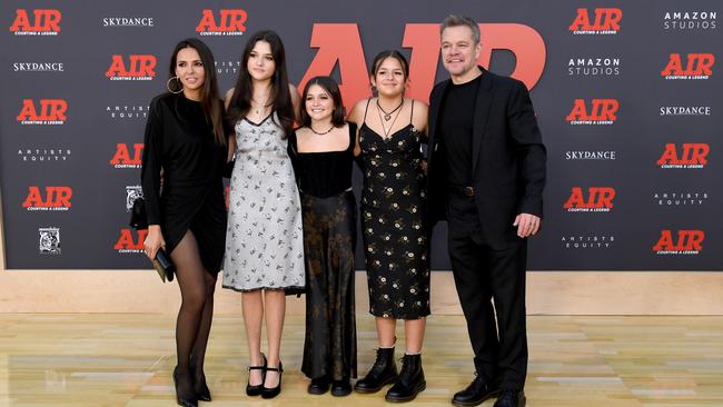 Luciana Barroso and Matt Damon with their three daughters at Amazon Studios' World premiere of Air at Regency Village Theatre in LA. Picture: Jon Kopaloff/Getty Images