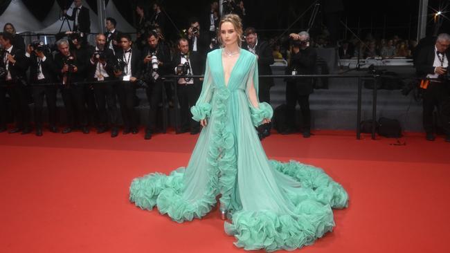 Australian actor Olivia DeJonge at the screening of Elvis at the Cannes film festival, wearing a sea-green Gucci gown. Picture: Dominique Charriau/WireImage