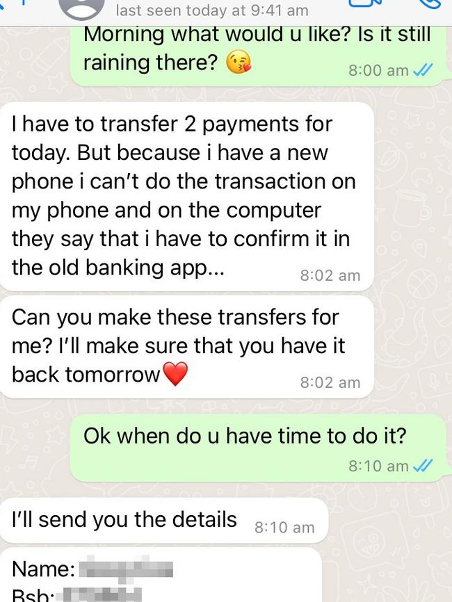 Screenshots of a victim of the ‘Hi mum’ scam. Picture: Supplied