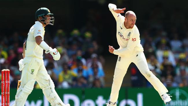 Australia’s batters were ruthless against Jack Leach in the first test at the Gabba. Picture: Chris Hyde/Getty Images