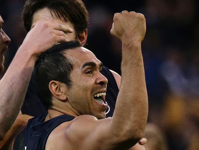 Melbourne , Australia - September 8th,  First Elimination Final,  Richmond v Carlton at the MCG, Carlton's Eddie Betts celebrates with Nick Duigan and Jarrad Waite       Picture by George Salpigtidis