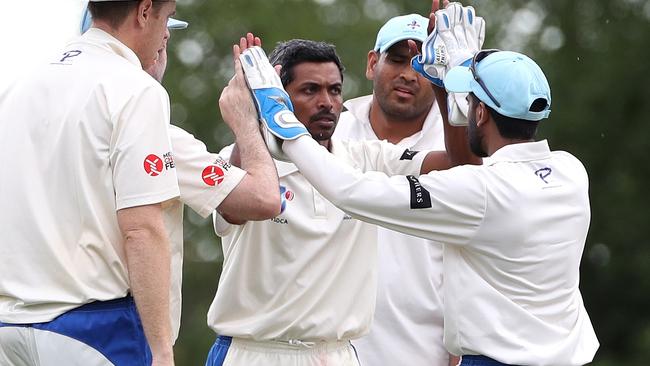 Ivanhoe bowler Sunny Fernando celebrates a caught and bowled chance from Mitchell Shellie during the VSDCA cricket match between Ivanhoe and Coburg played at Ivanhoe Park on Saturday 18th November, 2017.