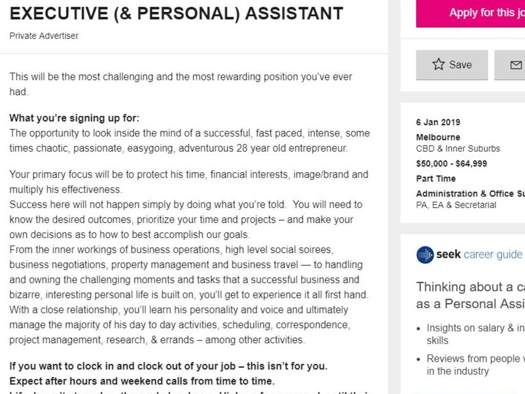 The ad on Seek said the part-time position is not for those who want to clock in and clock out.