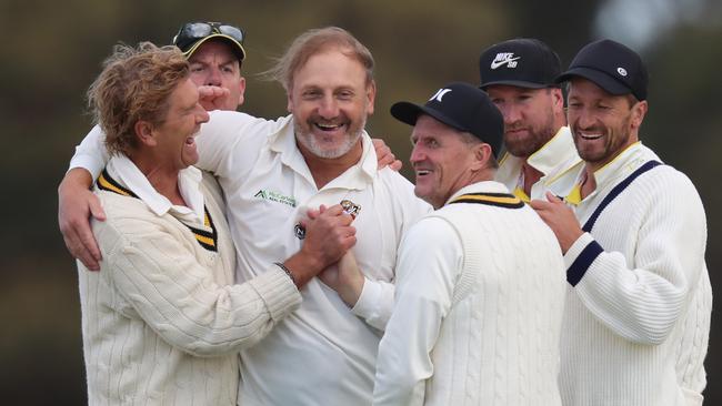 Ablett Snr celebrates taking a wicket. Picture: Alex Coppel