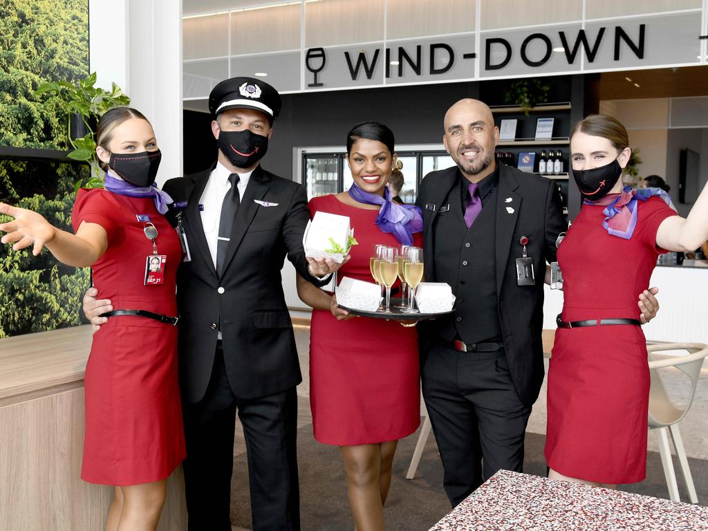 Aine Burns, First officer Trent Jackson, Philish Chetty, Adelaide Virgin Australia Adelaide Lounge manager Arthur Floros and Alana McMahon welcomed guests at the launch. Picture: NCA NewsWire / Naomi Jellicoe