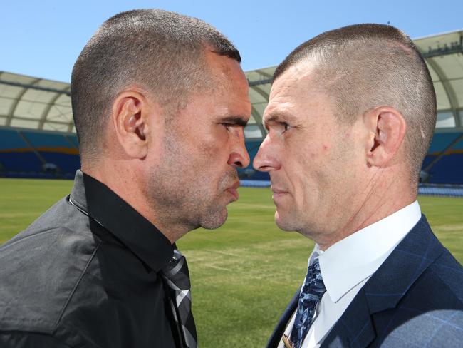 Anthony Mundine (left) and John Wayne Parr face off at Cbus Super Stadium ahead of their upcoming boxing match. Picture Glenn Hampson