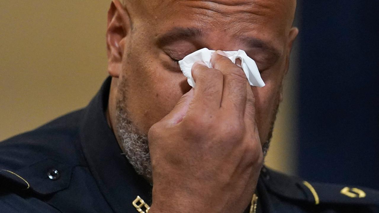 Harry Dunn wiping his eyes during today’s testimony. Picture: Andrew Harnik/AFP