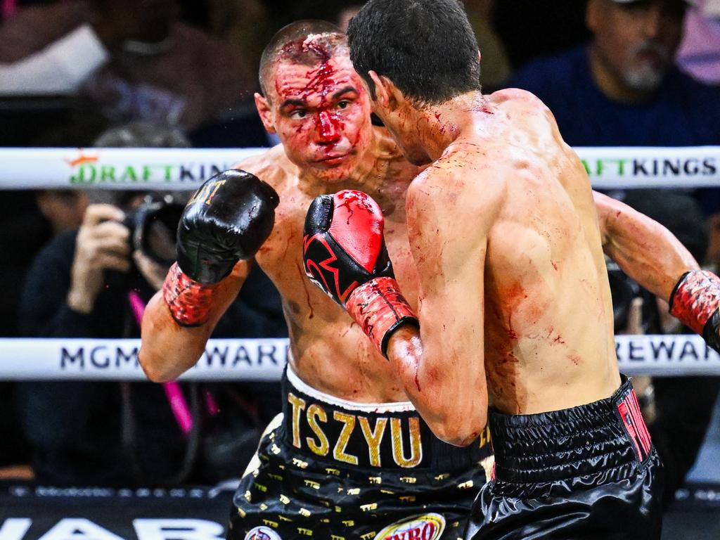 Tim Tszyu battled a deep gash to his head throughout the fight against Sebastian Fundora. Picture: Tayfun Coskun/Getty Images