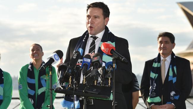 Football Federation Australia chief executive James Johnson speaks to the media. Picture: Peter Parks/AFP