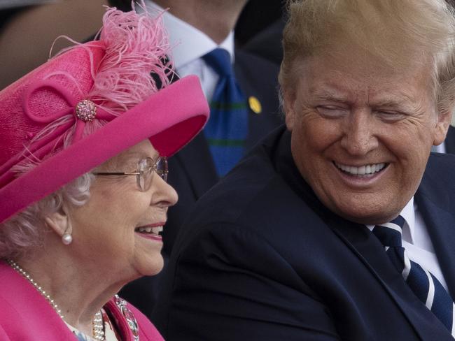 ***BESTPIX*** PORTSMOUTH, ENGLAND - JUNE 05:  President of the United States, Donald Trump and First Lady of the United States, Melania Trump sit with Queen Elizabeth II as they attend the D-Day Commemorations on June 5, 2019 in Portsmouth, England. The political heads of 16 countries involved in World War II joined Her Majesty, The Queen on the UK south coast for a service to commemorate the 75th anniversary of D-Day. Overnight it was announced that all 16 had signed a historic proclamation of peace to ensure the horrors of the Second World War are never repeated. The text has been agreed by Australia, Belgium, Canada, Czech Republic, Denmark, France, Germany, Greece, Luxembourg, Netherlands, Norway, New Zealand, Poland, Slovakia, the United Kingdom and the United States of America. (Photo by Dan Kitwood/Getty Images)