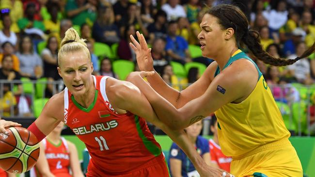 Australia's centre Elizabeth Cambage defends against Belarus' centre Yelena Leuchanka.