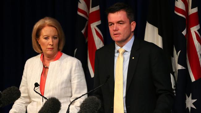Australian Federal Police commissioner Andrew Colvin and former sex discrimination commissioner Elizabeth Broderick at the release of her report in Canberra.