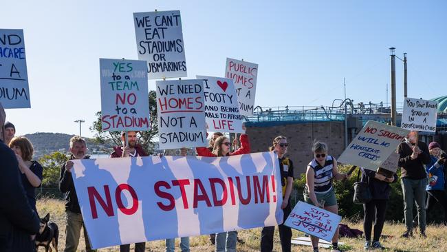 Protesters at Macquarie Point in Hobart. Picture: NCA NewsWire/ Alastair Bett