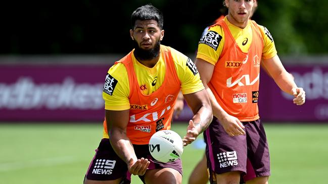 Payne Haas during a Brisbane Broncos NRL training session at the Clive Berghofer Centre (Photo by Bradley Kanaris/Getty Images)