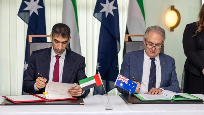 UAE Minister for Foreign Trade, His Excellency Dr. Thani bin Ahmed Al Zeyoudi, and Trade Minister Don Farrell sign the UAE CEPA at an official ceremony at Australian Parliament House. Picture: Supplied