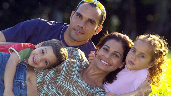 Elaine George in 2004 with her son Dremayne, 4, daughter Taylor, 5, and then-husband Damien Tanaka. Ms George and Mr Tanaka met at Cairns Central in 1997. Picture: Brian Cassey.