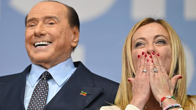 Forza Italia leader Silvio Berlusconi and Brothers of Italy leader Giorgia Meloni attend a joint rally last week ahead of the election. Picture: AFP