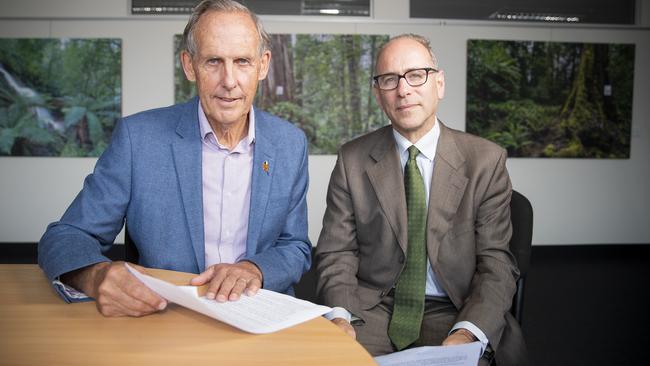 Bob Brown and Roland Browne at the Bob Brown Foundation offices after being served with a WorkSafe notice. Picture: RICHARD JUPE