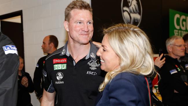 Nathan Buckley with his wife Tania after Collingwood’s win. Picture: AFL Media