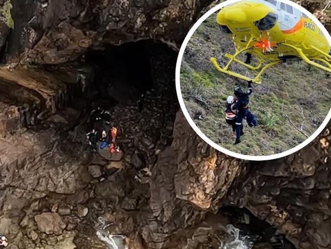 Intense footage of a tourist being winched to safety after she fell up to eight metres onto rocks from a cliff at Noosa National Park has emerged. PHOTOS, VIDEO