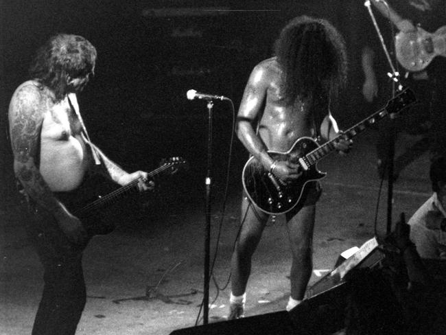 Guns N' Roses guitarist Slash makes an impromptu appearance on stage with Rose Tattoo at the Palace nightclub in Melbourne.