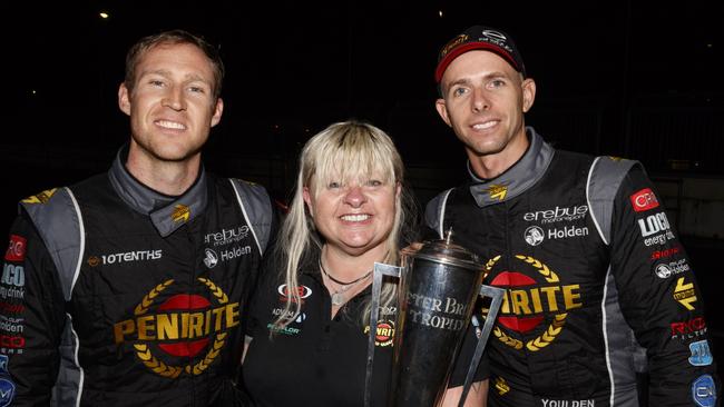 Betty Klimenko with the Peter Brock Trophy and her drivers David Reynolds and Luke Youlden.