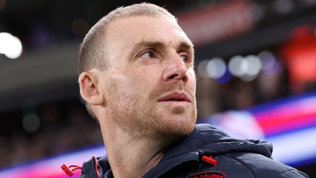 MELBOURNE, AUGUST 2, 2024: 2024 AFL Football - Round 21 - Western Bulldogs V Melbourne Demons at Marvel Stadium. Simon Goodwin coach of the Demons. Picture: Mark Stewart