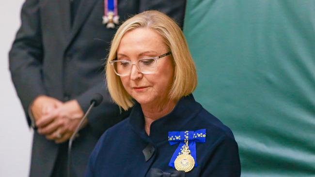 The Administrator of the Northern Territory Vicki O’Halloran proclaims the ascension of King Charles III in NT parliament. Picture: Glenn Campbell