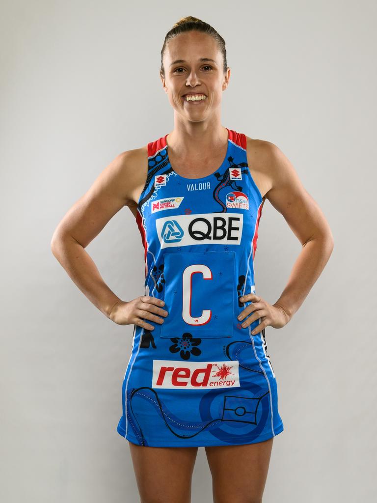 Co-captain Paige Hadley in the NSW Swifts' First Nations dress designed by Wongaibon woman Tarsha Hawley. Picture: Netball NSW