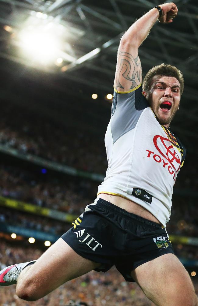 Cowboy Kyle Feldt celebrates scoring to level the scores  in the NRL grand final. Picture. Phil Hillyard