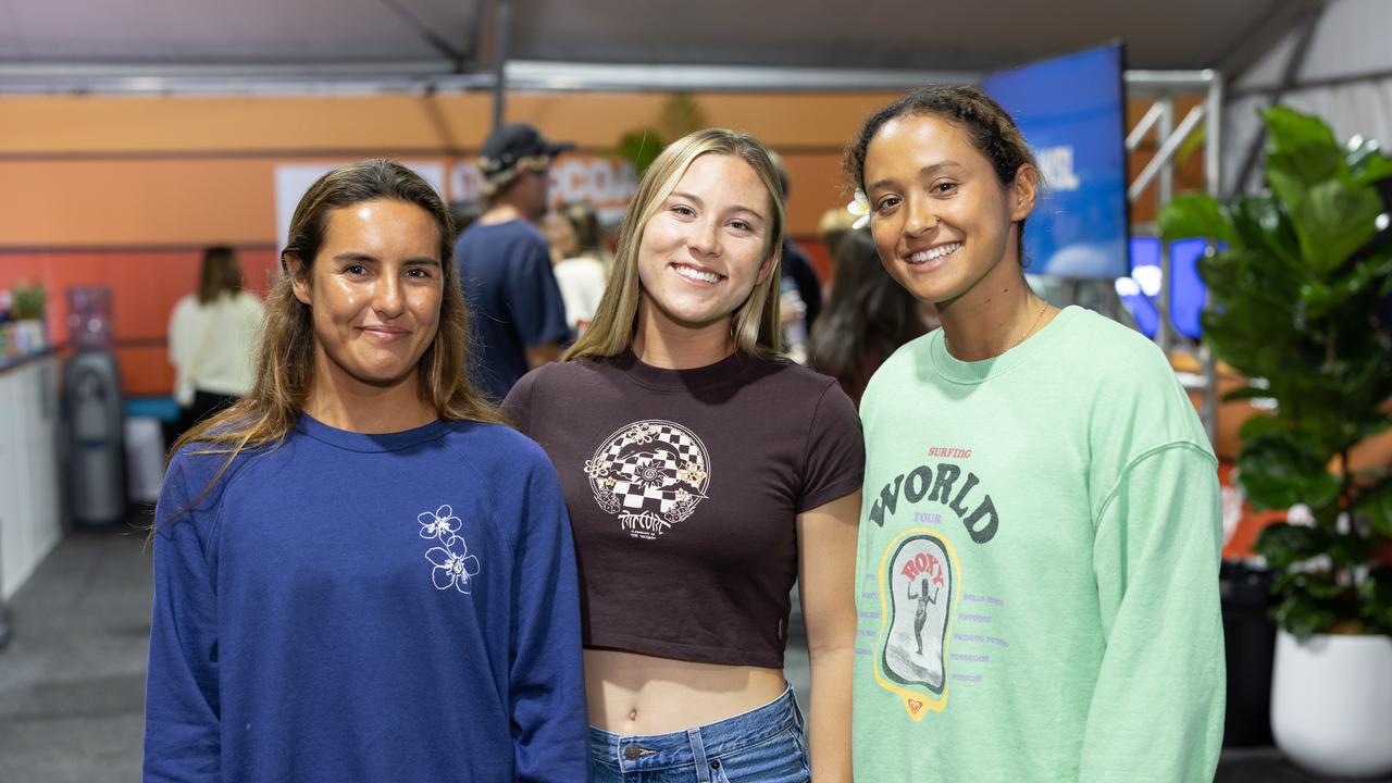 Moana Joneswong, Alyssa Spencer and Vahine Fierro at the Gold Coast Pro launch party at Coolangatta for The Pulse. Picture: Celeste Humphrey