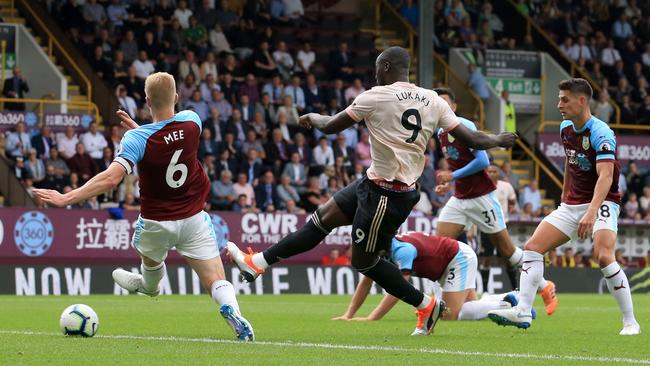 Manchester United striker Romelu Lukaku scores his second against Burnley. Picture: AFP
