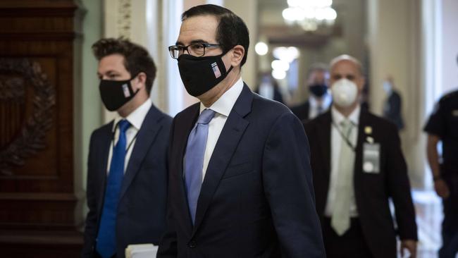 US Treasury Secretary Steven Mnuchin exits the office of Senate Majority Leader Mitch McConnell after a meeting in the Capitol. Picture: Getty Images