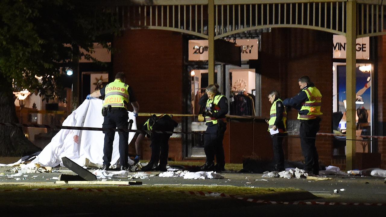 Police officers assess the carnage at the Royal Daylesford on Sunday night. . Picture: NCA NewsWire / Josie Hayden