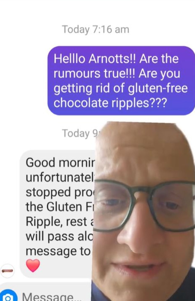 Christoper Tsalikis revealed Arnott's had ditched gluten free Choc Ripple. Picture: TikTok/@melbourne_coeliac