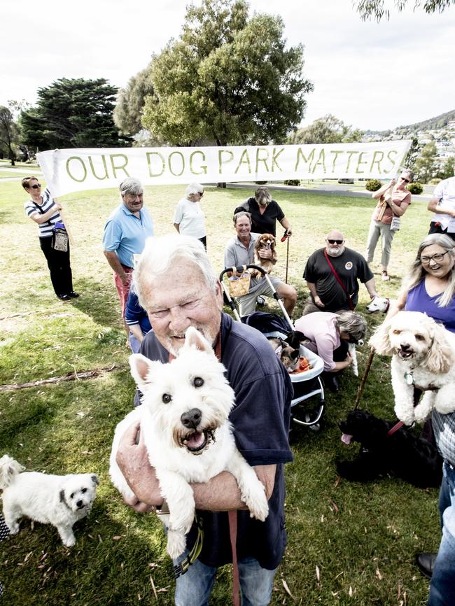 Anzac Park dog rules set to change limiting the enjoyment of dog owners. Front and centre is spokesperson Derek Blair and his dog Harry. Picture Eddie Safarik