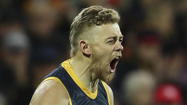 AFL - Round 18 - Adelaide Crows v Essendon at Adelaide Oval. Hugh Greenwood celebrates his goal. Picture SARAH REED