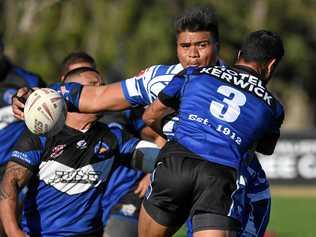 Brothers player Maka Faingaa tries to get his pass away in last weekend's A-Grade clash with Goodna at Raceview. Picture: Rob Williams