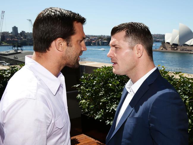SYDNEY, AUSTRALIA - SEPTEMBER 11: Luke Rockhold (L) and Michael Bisping (R) sqaure off during the UFC Fight Night: Rockhold v Bisping Press Event at Museum of Contemporary Art on September 11, 2014 in Sydney, Australia. (Photo by Matt King/Getty Images)