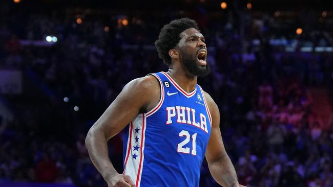 PHILADELPHIA, PA - APRIL 17: Joel Embiid #21 of the Philadelphia 76ers reacts against the Brooklyn Nets in the third quarter during Game Two of the Eastern Conference First Round Playoffs at the Wells Fargo Center on April 17, 2023 in Philadelphia, Pennsylvania. The 76ers defeated the Nets 96-84. NOTE TO USER: User expressly acknowledges and agrees that, by downloading and or using this photograph, User is consenting to the terms and conditions of the Getty Images License Agreement.   Mitchell Leff/Getty Images/AFP (Photo by Mitchell Leff / GETTY IMAGES NORTH AMERICA / Getty Images via AFP)