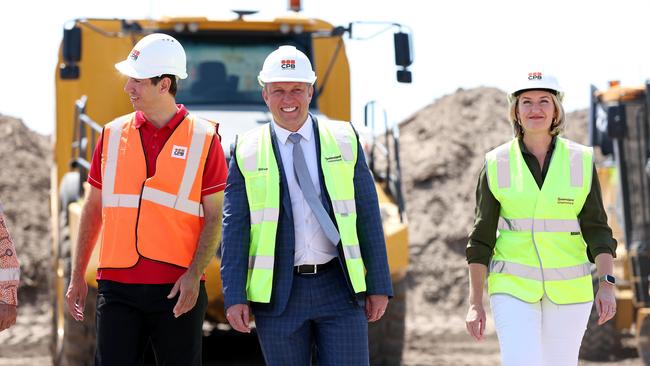 Bundaberg MP Tom Smith, left, Queensland Premier Steven Miles and Health Minister Shannon Fentiman visit the site of the new Bundaberg hospital. Picture: Adam Head