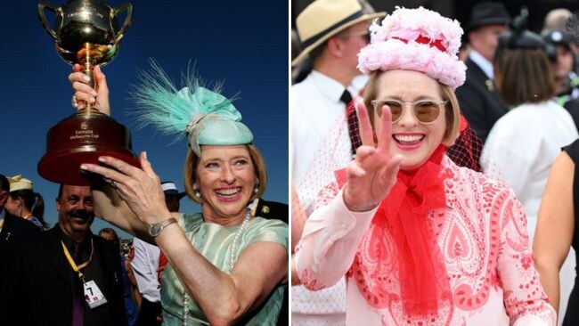 Gai Waterhouse with the Melbourne Cup trophy, and at Derby Day on Saturday.