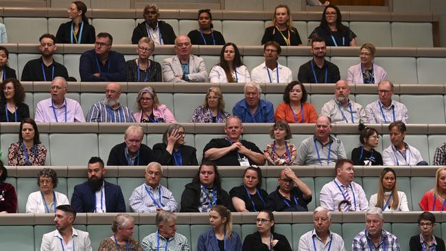 Survivors and family members in the public gallery during the national apology to thalidomide survivors. Picture: NCA NewsWire / Martin Ollman