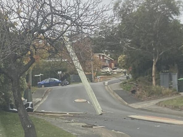 A crash between a car and power pole at Lindisfarne. Image: Brendan Breen/Facebook