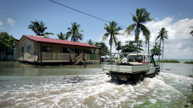 Extreme king tides flood the town on Saibai Island in the Torres Strait in 2010.