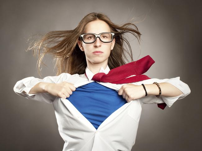 woman opening her shirt like a superhero