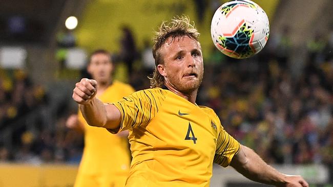 Rhyan Grant of Australia in action during the FIFA World Cup Asian Qualifiers match between the Australian Socceroos and Nepal at GIO Stadium in Canberra, Thursday, October 10, 2019. (AAP Image/James Gourley) NO ARCHIVING, EDITORIAL USE ONLY.