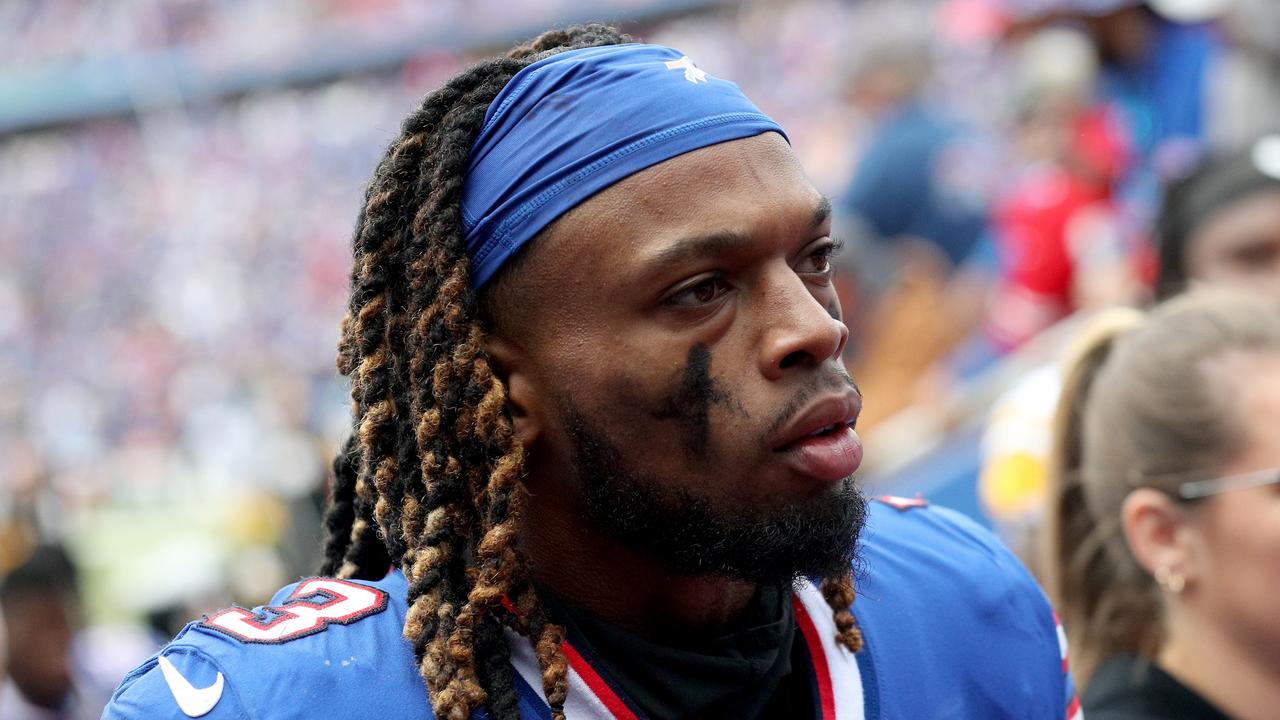 ORCHARD PARK, NEW YORK - OCTOBER 09: Damar Hamlin #3 of the Buffalo Bills walks to the tunnel during halftime against the Pittsburgh Steelers at Highmark Stadium on October 09, 2022 in Orchard Park, New York. (Photo by Bryan Bennett/Getty Images)