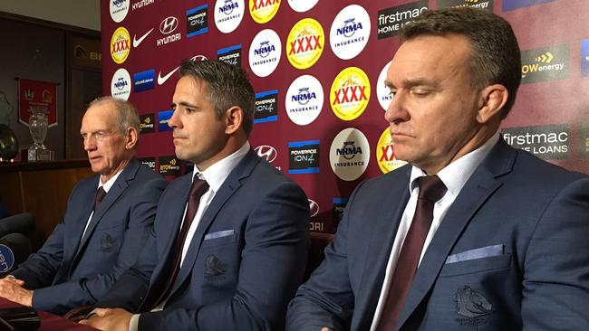Broncos coach Wayne Bennett, Corey Parker and chief executive Paul White at Monday’s press conference. Picture: Peter Wallis