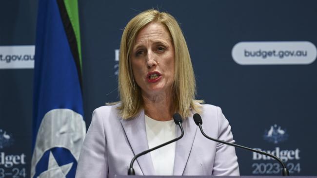 Katy Gallagher holds a press conference during the Budget lockup at Parliament House in Canberra.